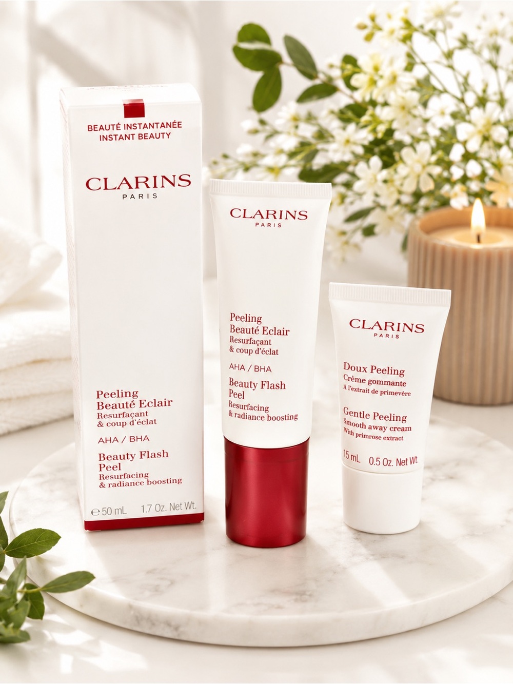 Clarins Beauty Flash Peel + Gentle Peeling Cream Set | Full Size + Travel Size